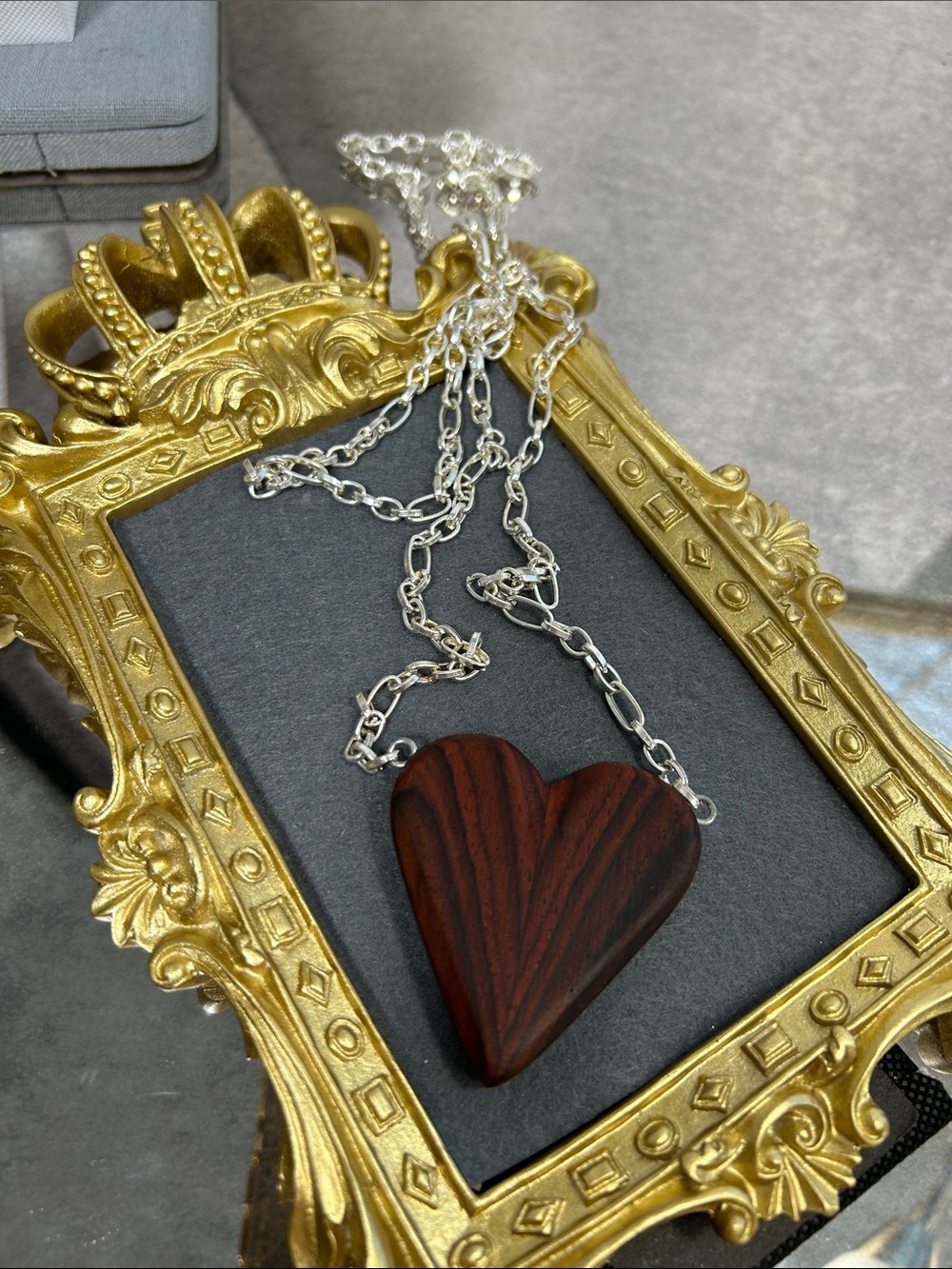Heart Wood Pendant Necklace - Brown Wood with Silver Chain